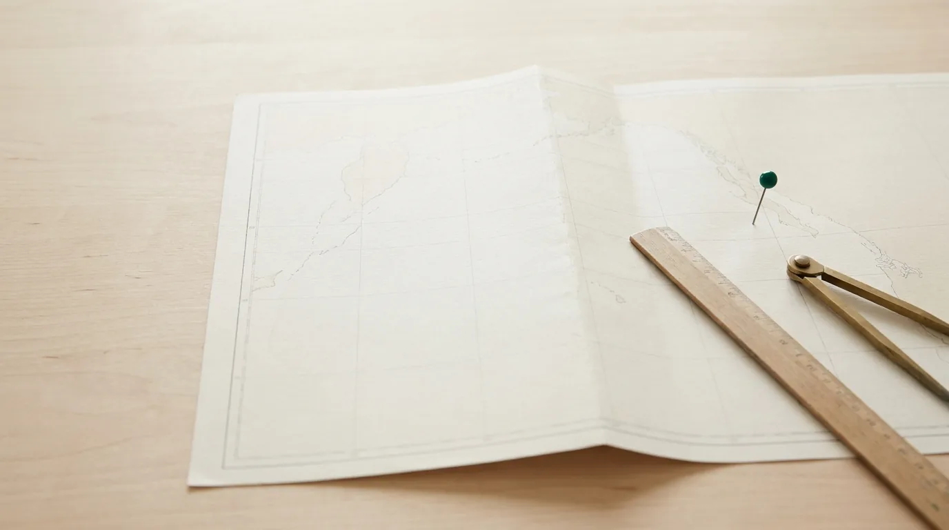 Carta de papel aberta sobre mesa de madeira clara com o vinco fundo do meio dividindo a folha, uma régua de madeira atravessada por cima e um alfinete de cabeça verde escura pousado na borda, luz de dia difusa entrando pela esquerda