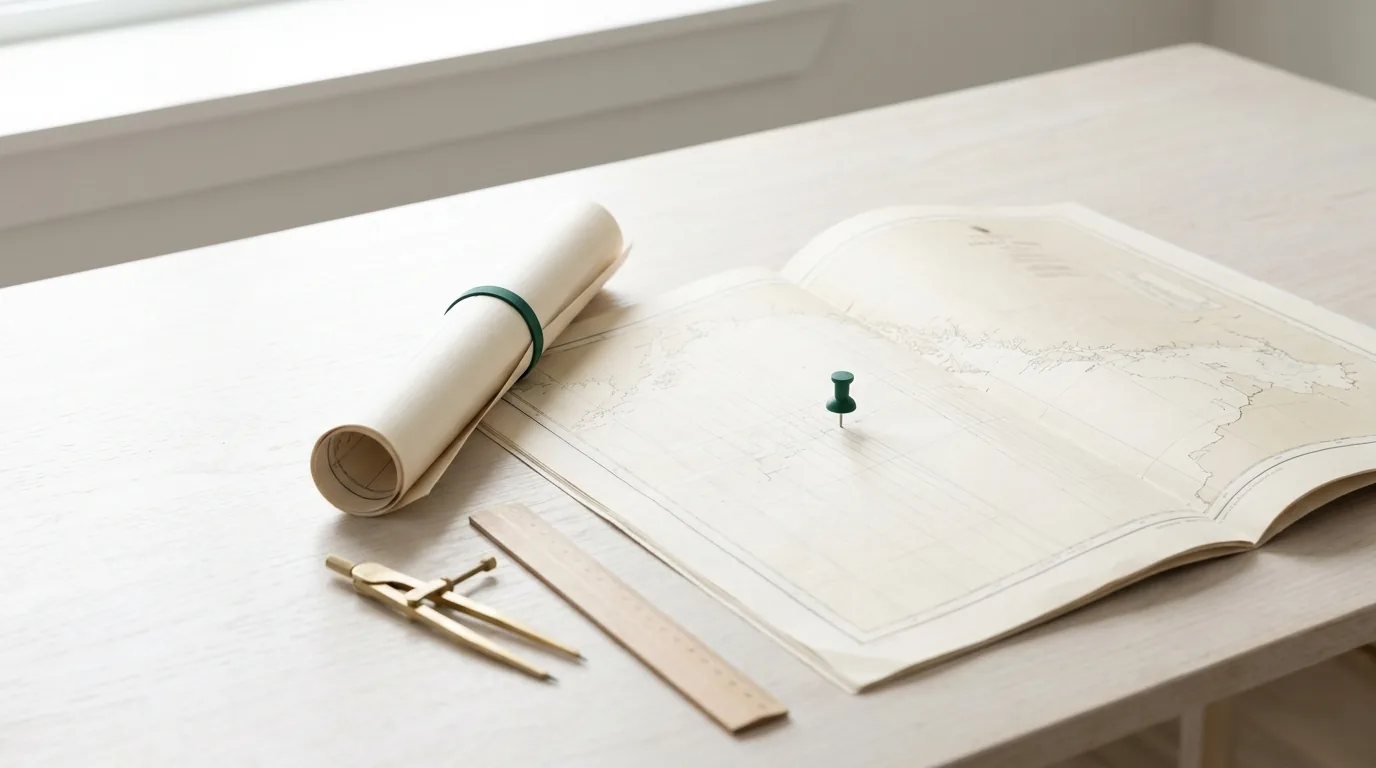 Folha de papel lisa aberta ao lado de um cilindro de papel enrolado com um elástico verde escuro em volta, os dois na mesma luz de dia difusa que entra pela esquerda sobre a mesa de madeira clara